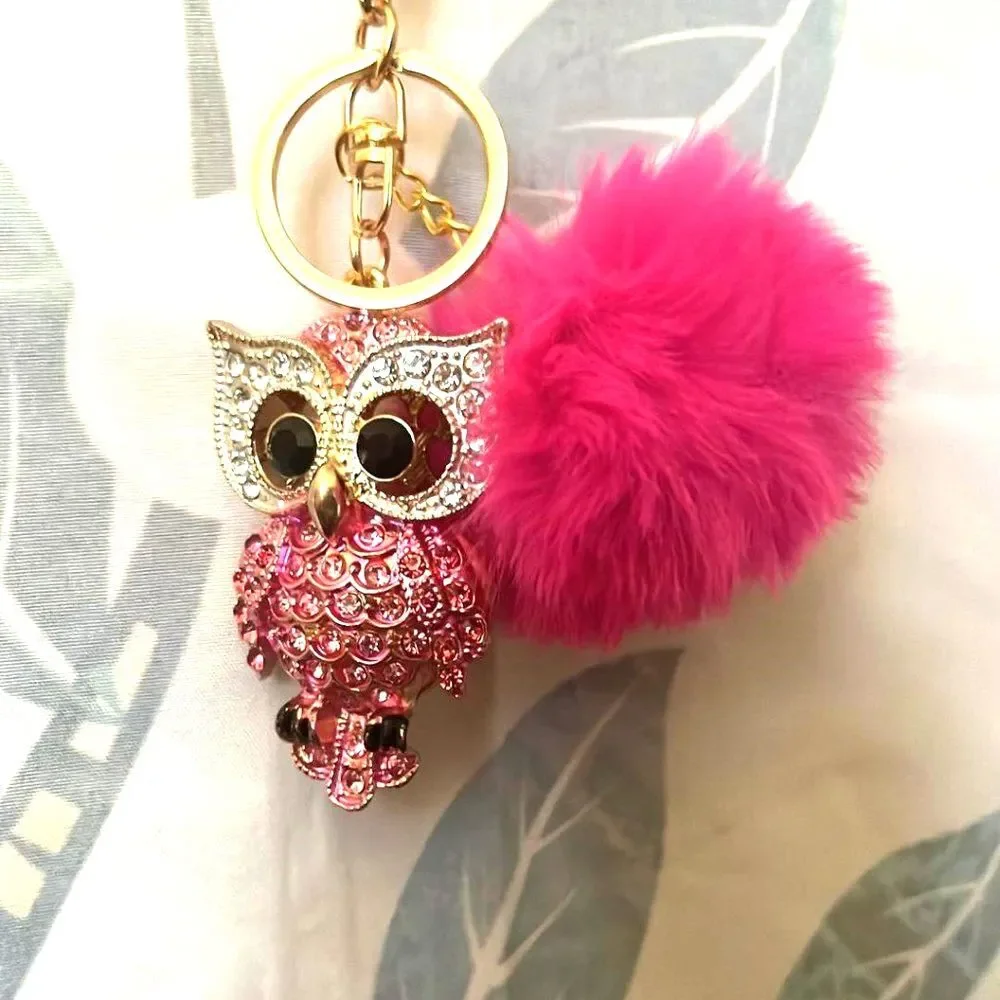 Adorable Rhinestone Owl with Pom Pom Purse Charm/Keychain - NEW!